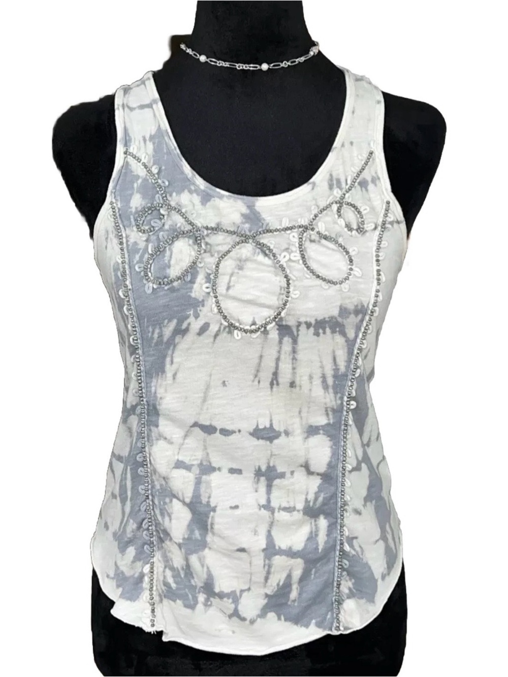 Free People Tie-Dye Beaded Tank Top Gray Ivory Sleeveless Boho Size M